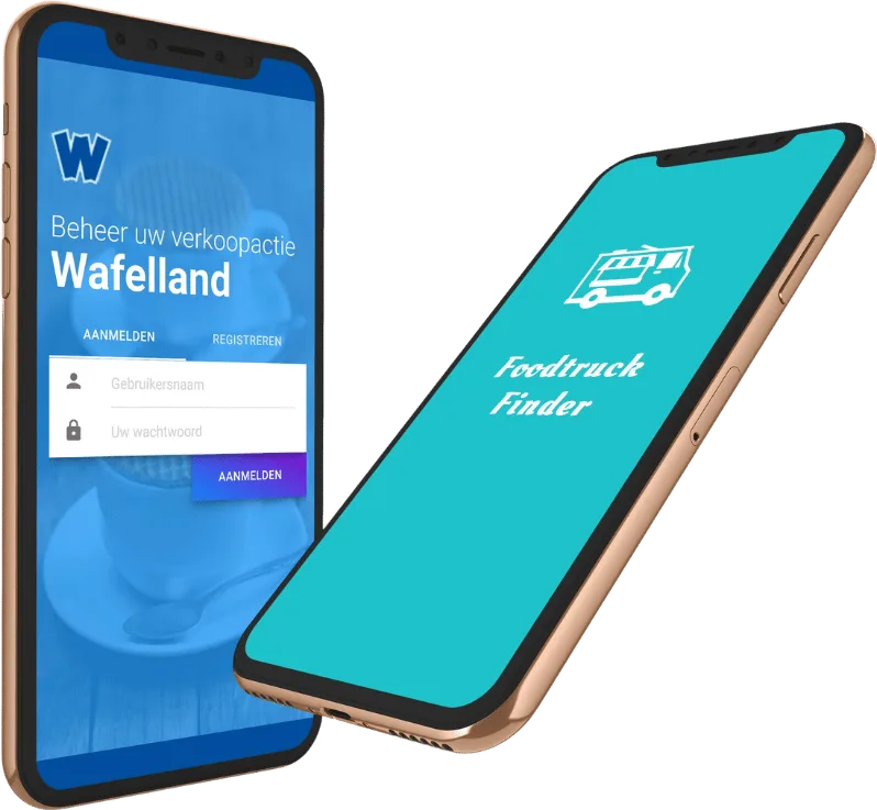 Twee mobiele apps op maat van Gettoweb op smartphones: de Wafelland-app voor verkoopacties en Foodtruck Finder